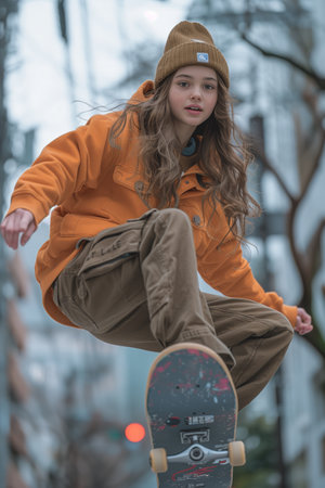 Young Woman in Orange Hoodie Skateboarding in the City on a Cloudy Dayの素材
