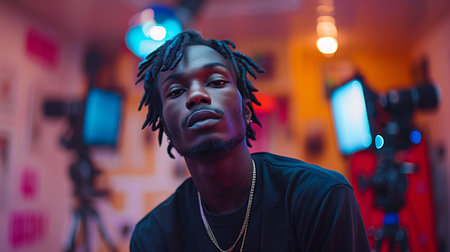 Young Black Man With Dreadlocks Poses for a Portrait in a Studio Settingの素材