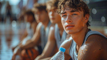Sweaty Young Athlete Holding a Water Bottle After a Basketball Gameの素材