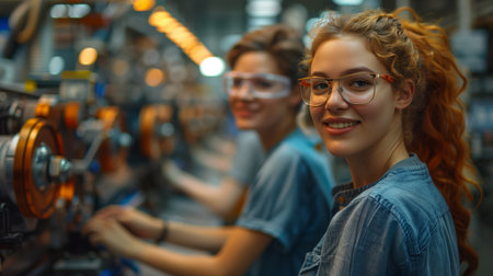 Two Female Workers Operating Machinery in a Manufacturing Plantの素材