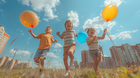 Three Children Running and Playing With Balloons in a Sunny Fieldの素材