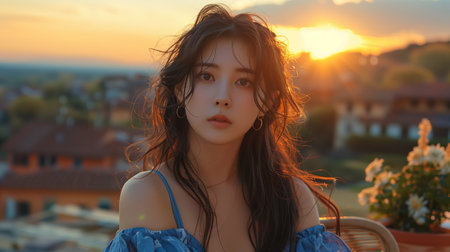 Woman With Long Hair Posing At Sunset in an Italian Townの素材