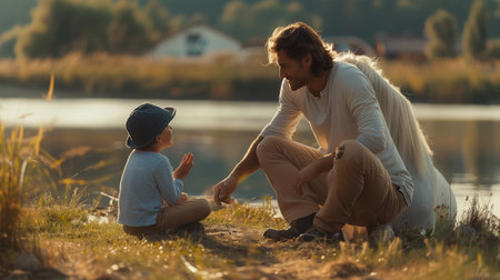 Father and Son Sitting by a Lake at Sunsetの素材