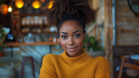 Young Woman Wearing Yellow Sweater Smiles in a Cafeの素材