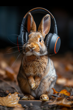Brown Rabbit Wearing Headphones in Autumn Leavesの素材