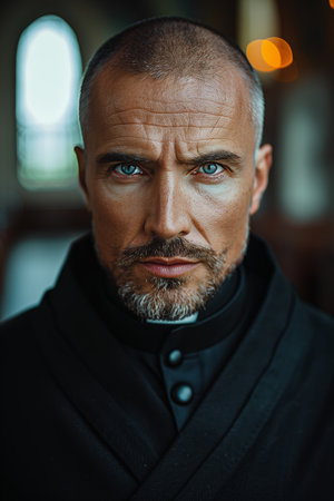 Portrait of a Middle-Aged Man With Short Hair and a Goatee Wearing a Black Clergy Collarの素材