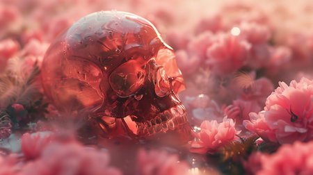 Red Glass Skull Resting Among Pink Flowers in Soft Sunlightの素材