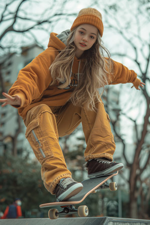 Young Woman Skateboarding in Winterの素材