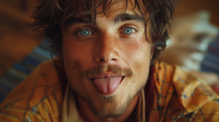 Close-Up Portrait of a Young Man With Brown Hair and Blue Eyes Sticking Out His Tongueの素材