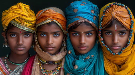 Four Young Girls Wearing Traditional Indian Headscarvesの素材