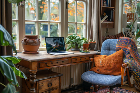 Cozy Home Office Desk With Laptop, Plants, and a Comfortable Chair Near a Windowの素材