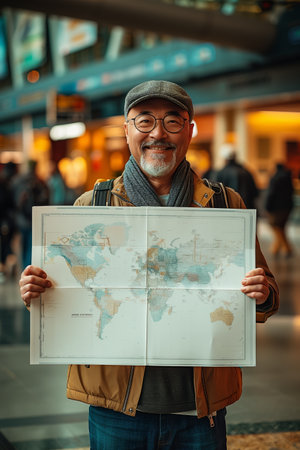 Happy Traveler Holding World Map in Public Spaceの素材