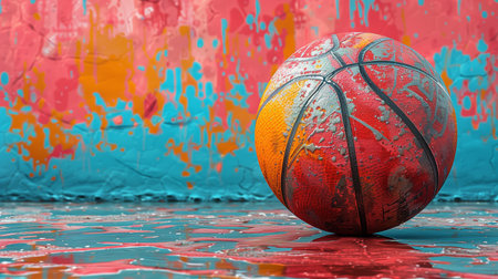 Worn Basketball on a Spilled Paint Backgroundの素材