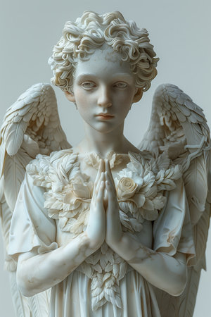 White Marble Angel Statue With Folded Hands and Flower Garlandの素材