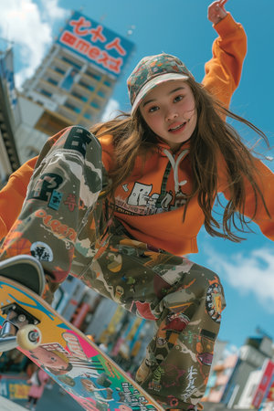 Young Woman Skateboarding in Japanese Cityの素材