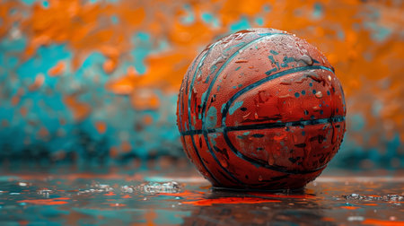 Wet Basketball on a Colorful Surface After a Rainy Dayの素材