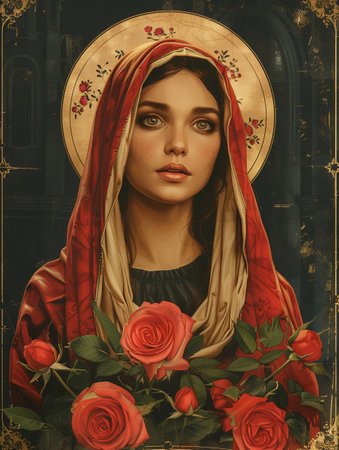 A Woman in a Red Hood With Roses in a Dark Settingの素材