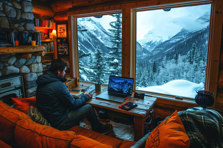 Man Working on Laptop in Cabin With Snowy Mountain Viewの素材