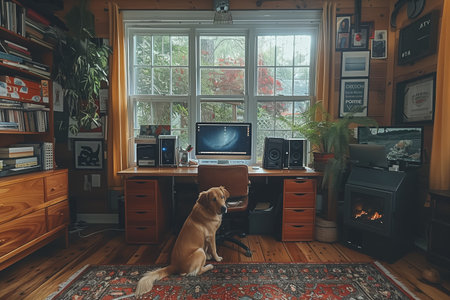 Golden Retriever Sitting Near Desk in Cozy Home Office With Large Windowの素材