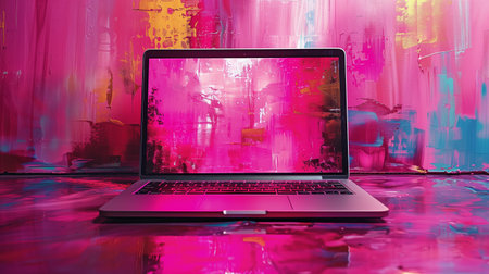 Silver Laptop With Abstract Pink And Blue Backgroundの素材