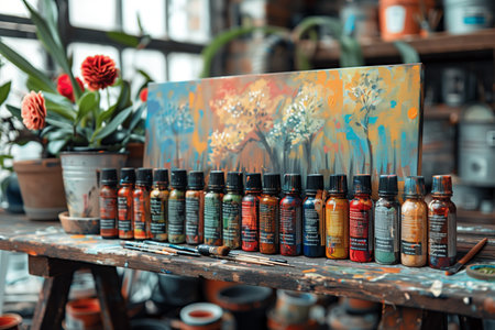 Colorful Paint Bottles and Abstract Canvas in Artistic Studioの素材