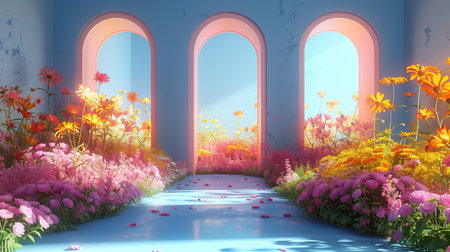 Pastel Blue Walls Frame Vibrant Flower Garden With Arched Windowsの素材
