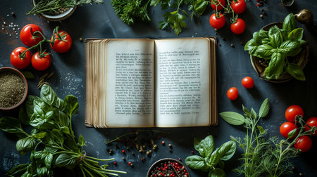 Open Cookbook With Fresh Tomatoes, Basil, and Spices on Dark Backgroundの素材