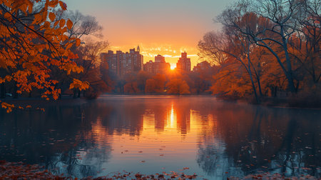 Fall Colors Reflecting in Central Park Lake at Sunriseの素材
