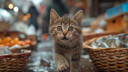 Tabby Kitten Walking Through a Busy Marketの素材