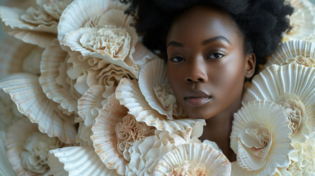 A Woman Surrounded By White Ruffled Shellsの素材