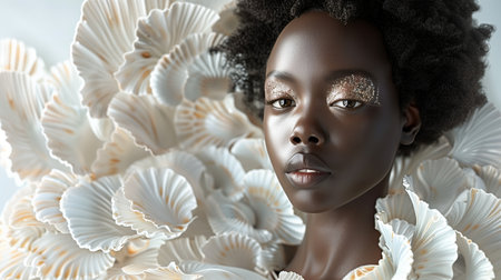 Black Woman With Afro Posing Among White Shell Decorの素材