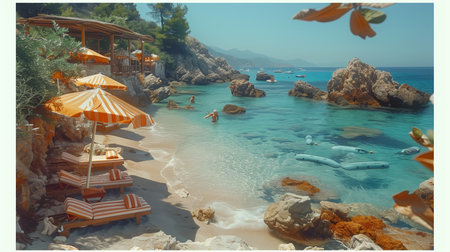 Secluded Beach Oasis With Striped Umbrellas and Crystal Clear Watersの素材