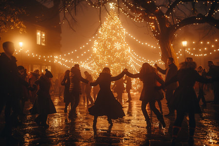 Festive Nighttime Dance Around A Lit Christmas Tree In A European Townの素材