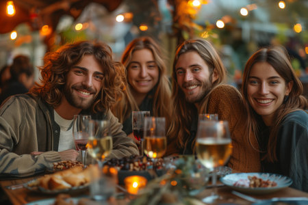 Group of Friends Enjoying Dinner Together Outdoors at Nightの素材
