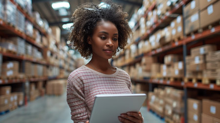 Young Woman Using Tablet in Large Warehouse During Daytimeの素材