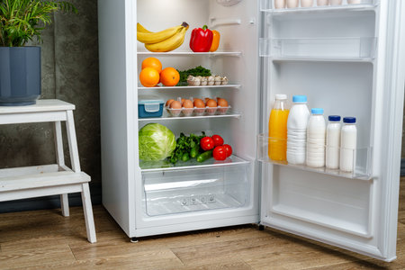 White Refrigerator With Open Door Showing Food Inside, Grey Concrete Wall, Wooden Floor, and Plantの写真素材