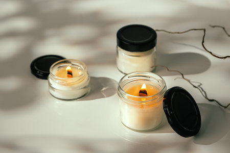 Glass Jar Candles Burning on White Tabletop With Branch in Sunlightの写真素材