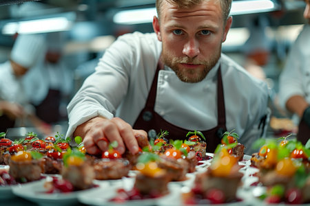 Chef Finishing Plated Entrees With Cherry Tomatoes and Herbs in Restaurant Kitchenの素材