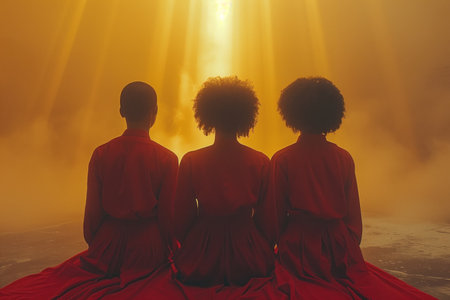 Three Women In Red Robes Sit Facing A Bright Lightの素材