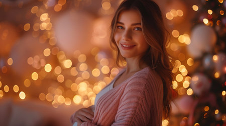 Pregnant Woman Posing In Front Of Christmas Lights At Nightの素材