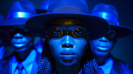 A Woman in a Blue Fedora Stands With Others Under Blue Lightingの素材