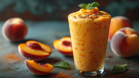 Refreshing Peach Smoothie With Mint Garnish and Whole Peachesの素材