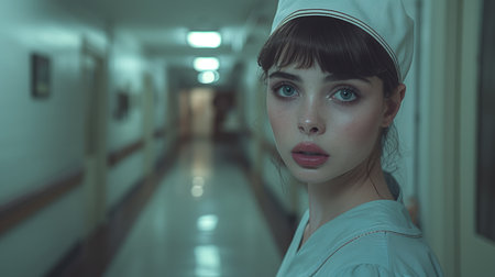 A Young Nurse Stands in a Hospital Hallway at Nightの素材