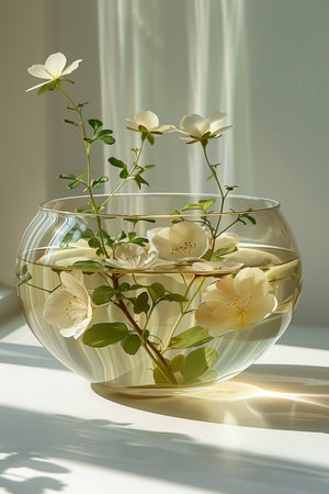White Flowers in a Glass Vase on a Windowsill in Sunlightの素材