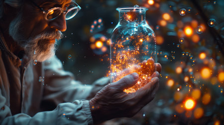Elderly Man Holding Glass Jar Filled With Glowing Particles Surrounded By Lightsの素材