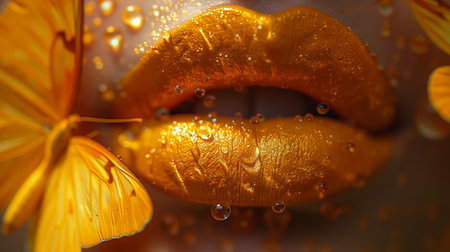Close-Up of Golden Lips Surrounded by Butterfly Wings and Water Dropletsの素材