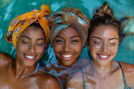 Three Smiling Women Relaxing In A Pool On A Summer Dayの素材