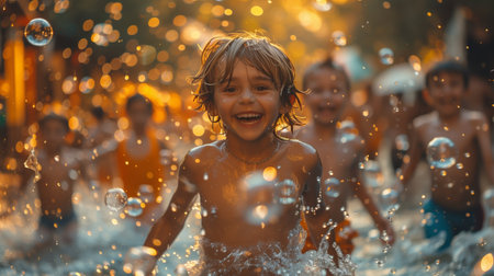 Happy Boy Playing In Water With Friends On A Sunny Dayの素材