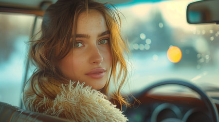 Young Woman Looking Back Over Shoulder While Driving a Carの素材