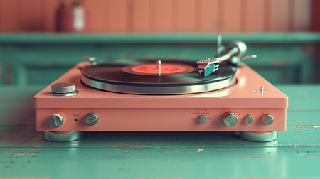 Pink Turntable Playing Vinyl Record on Wooden Surfaceの素材